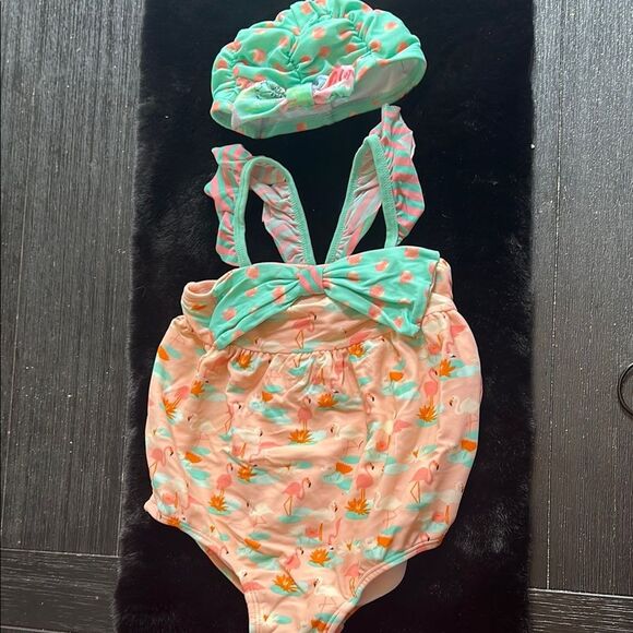 Flamingo Print Baby Swimsuit with Cap - Picture 1 of 5